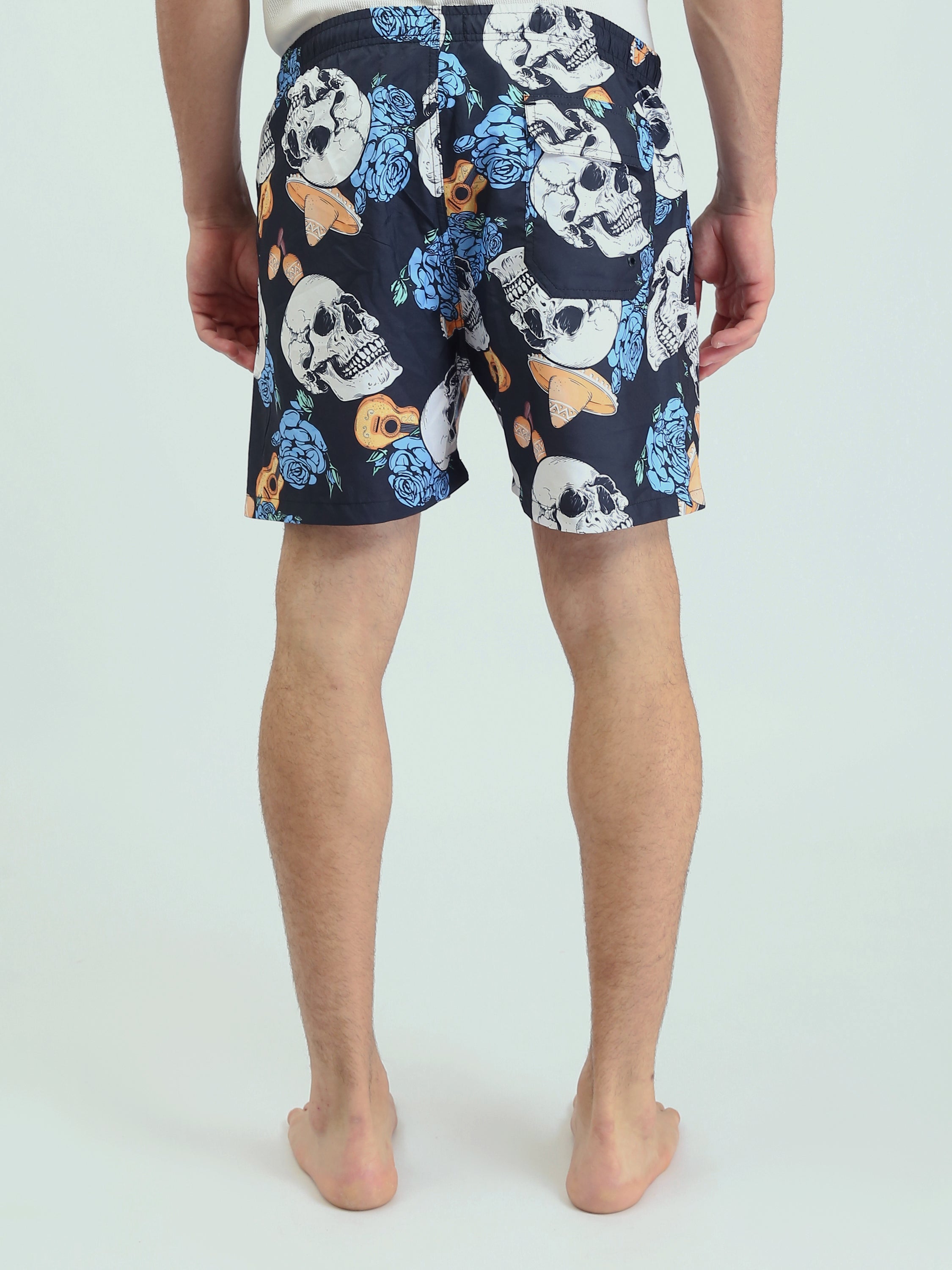 Shorts de Bain Homme Moderne – Design Tête de Mort et Fleurs en Bleu pour l'Été - SWO24SSAE11428TM1