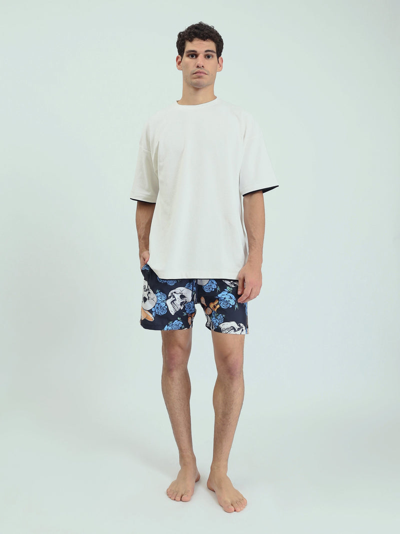 Shorts de Bain Homme Moderne – Design Tête de Mort et Fleurs en Bleu pour l'Été - SWO24SSAE11428TM1