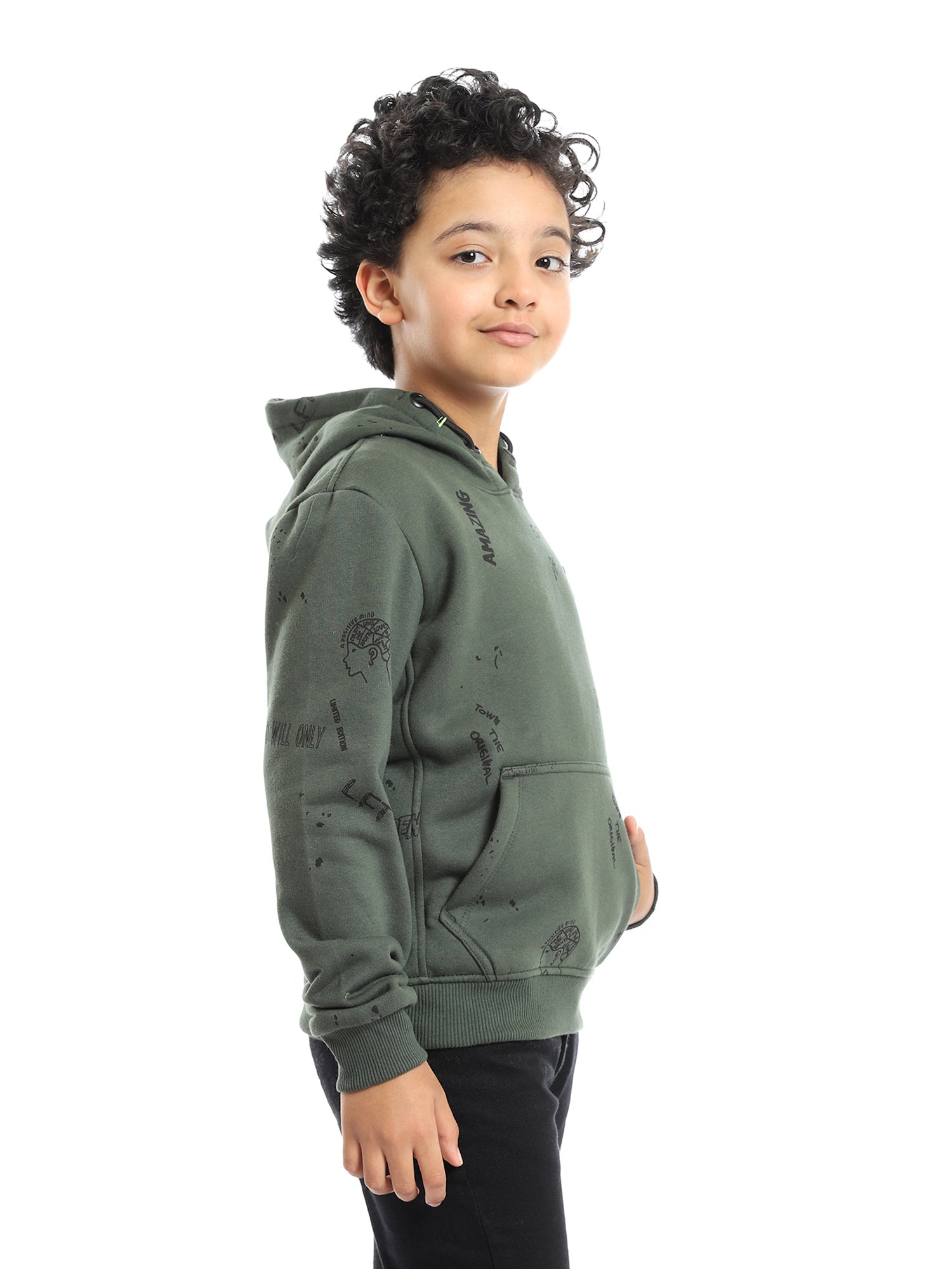 Sweat à capuche olive garçon avec imprimé créatif – Style urbain et confortable - SWS23WMIL31440TB1