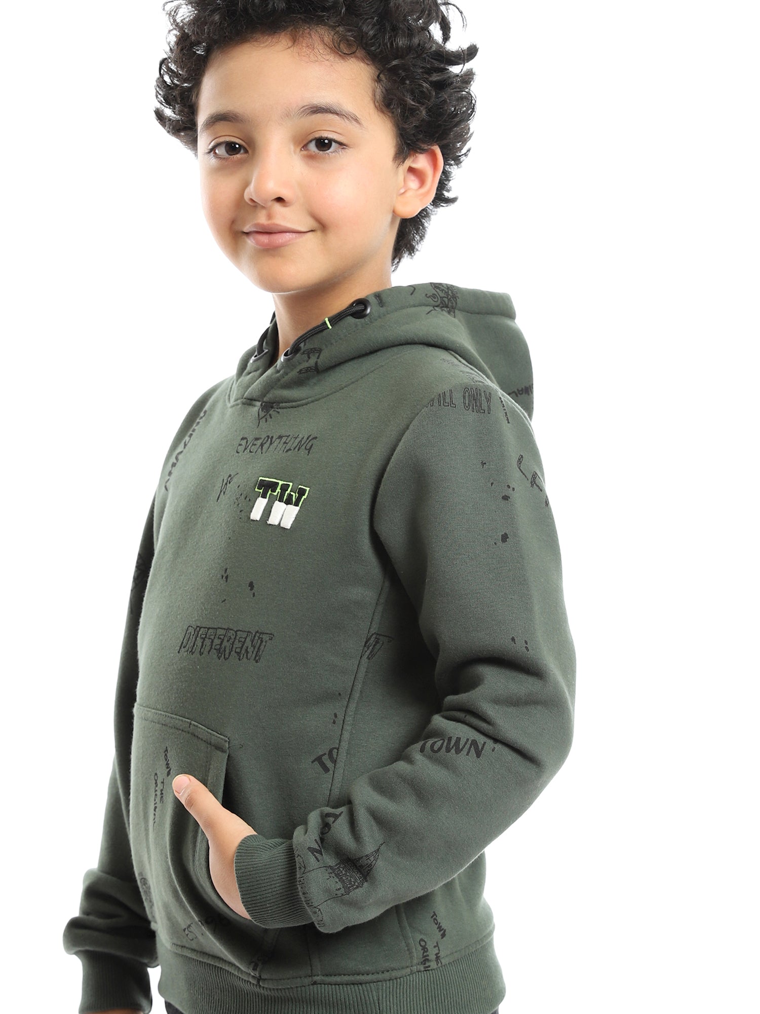 Sweat à capuche olive garçon avec imprimé créatif – Style urbain et confortable - SWS23WMIL31440TB1
