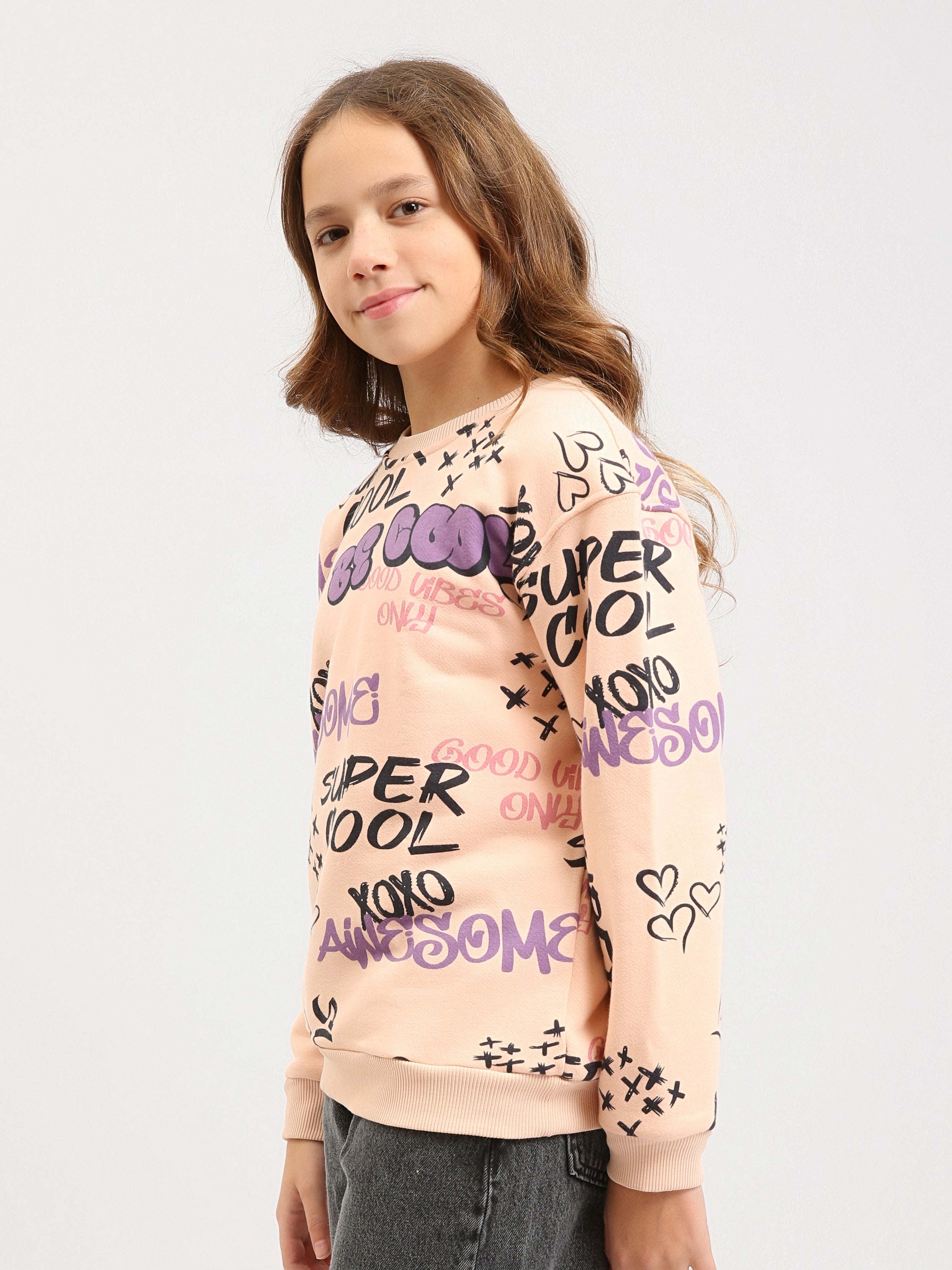 Sweat ado fille imprimé all-over Super Cool & Be Cool – Rose pêche, col rond - SWS25ARAL71202MR1