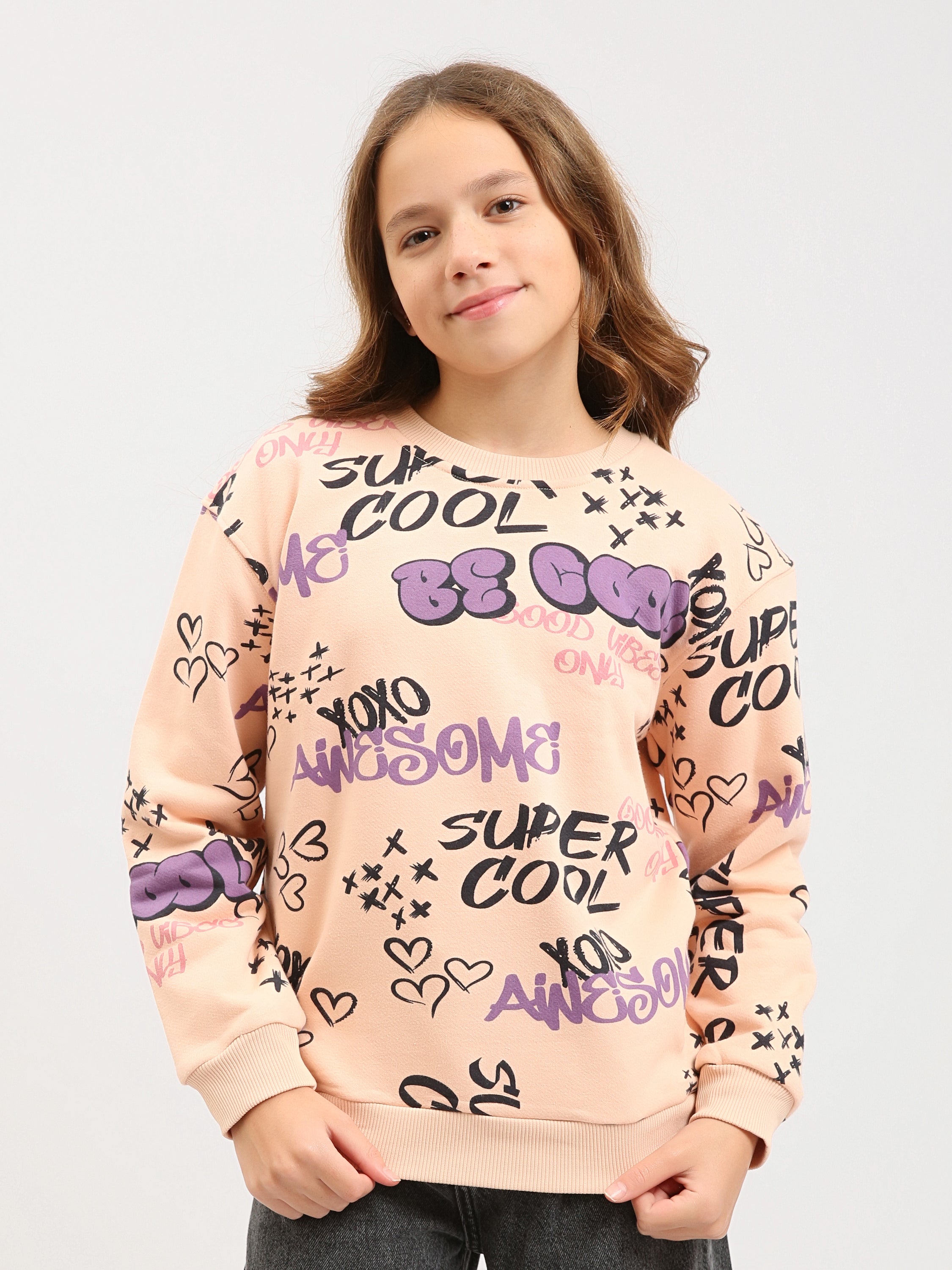 Sweat ado fille imprimé all-over Super Cool & Be Cool – Rose pêche, col rond - SWS25ARAL71202MR1