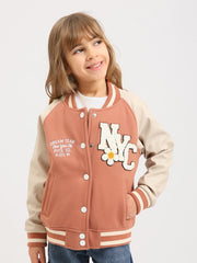 Veste teddy fille style varsity, color block, patch NYC en relief avec détail fleur, fermeture à boutons-pression - SWS25WBCS71263MG1