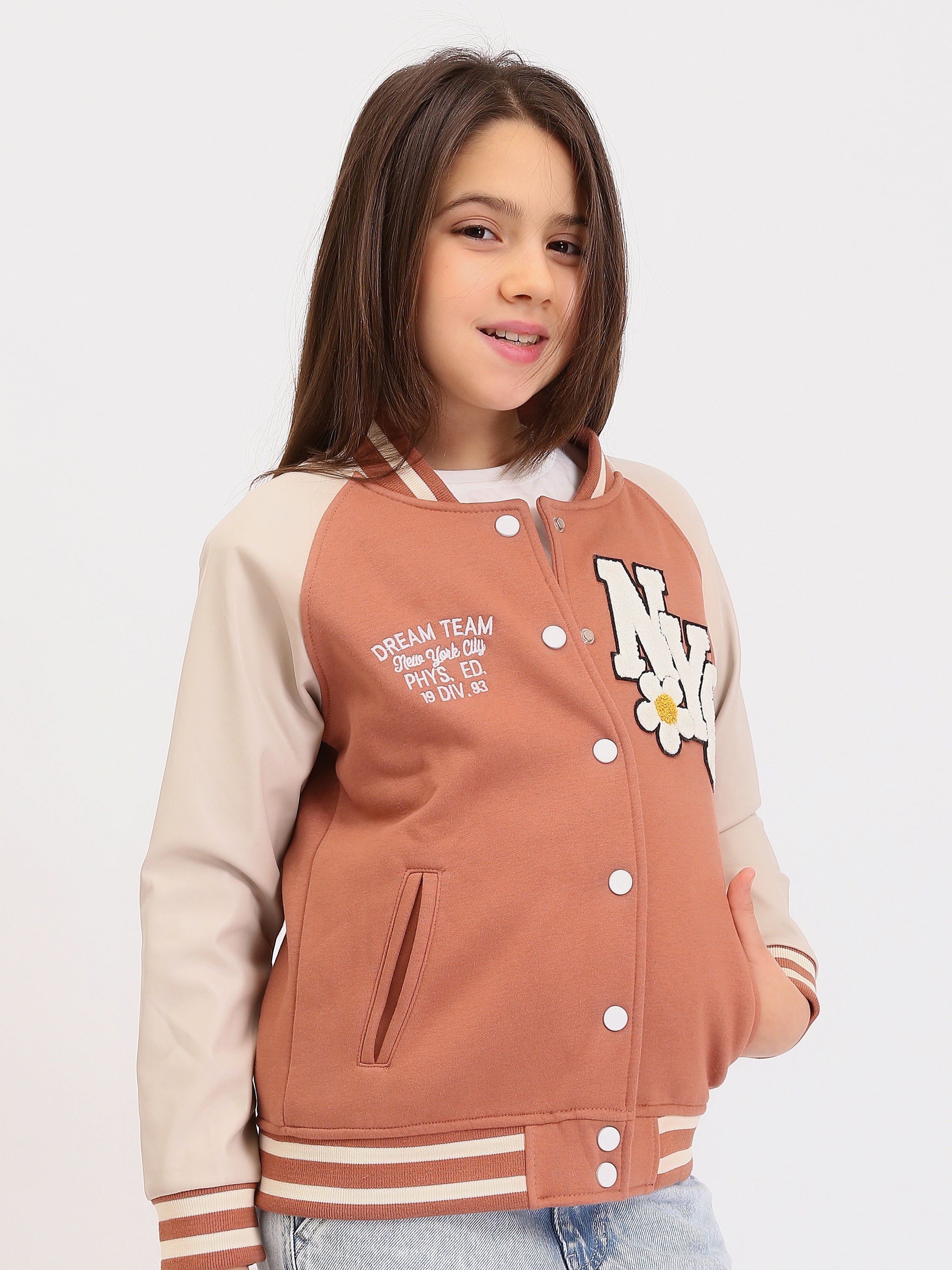 Veste teddy ado fille style varsity, color block, patch NYC en relief avec détail fleur, fermeture à boutons-pression - SWS25WBCS71263MR1