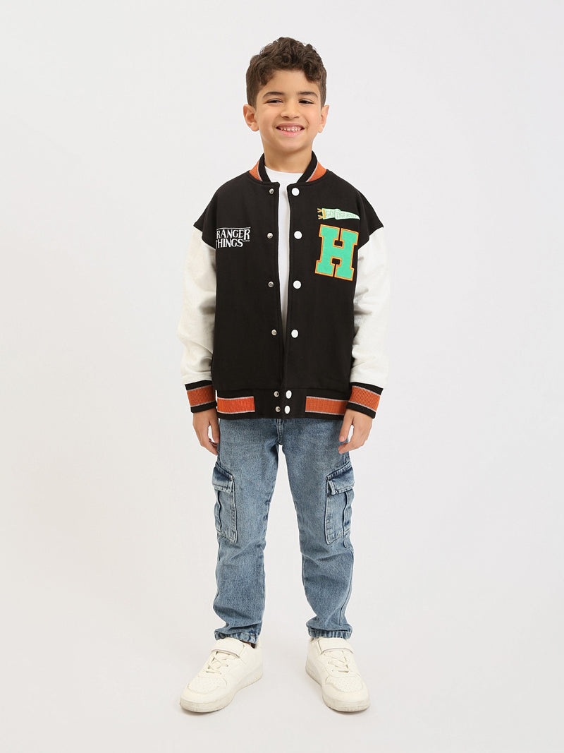 Veste teddy garçon à boutons-pression, style varsity, patchs “H” et finitions contrastées - SWS25WBNS76026MB1