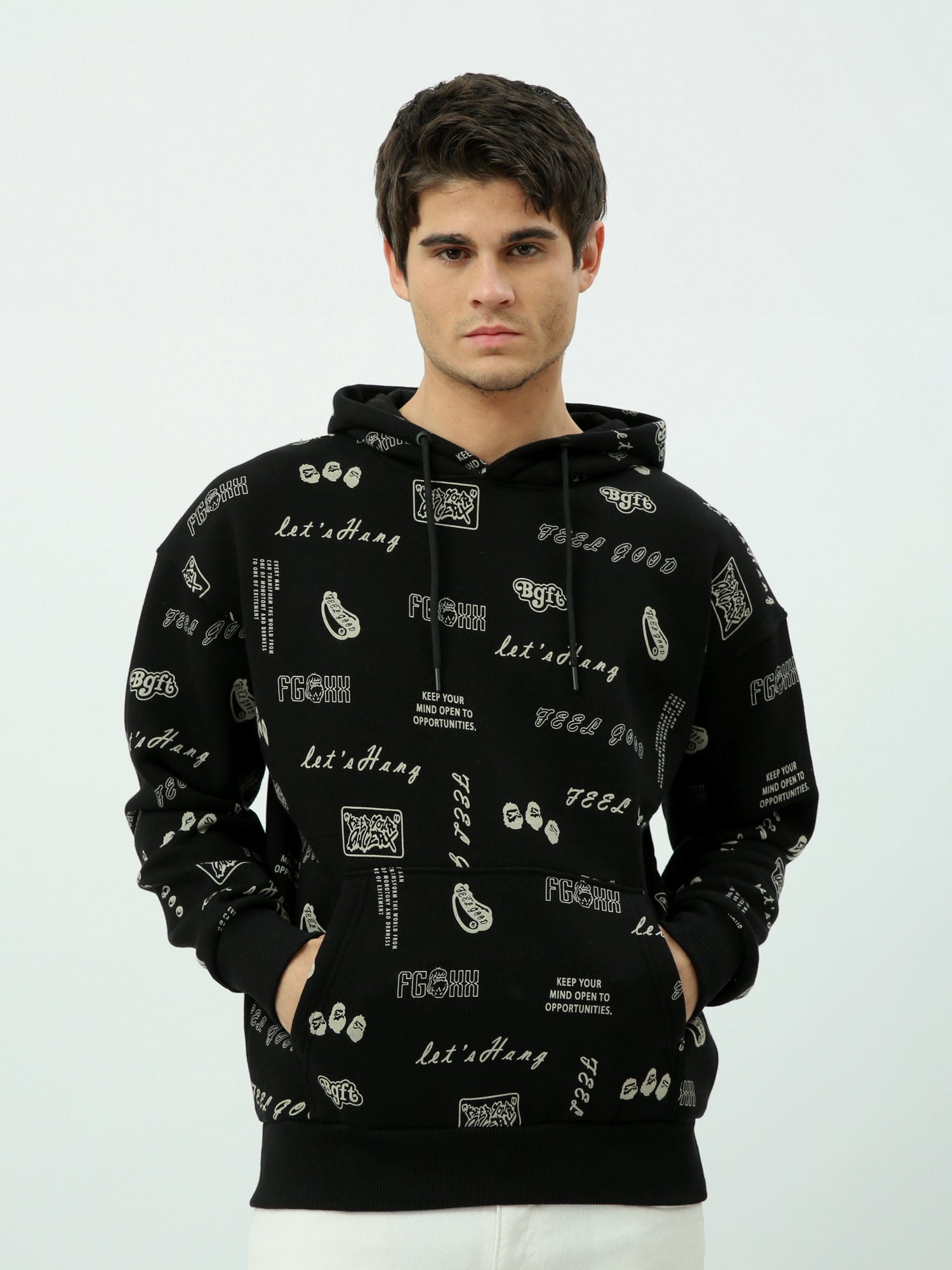 Sweat à capuche noir homme avec imprimé graphique – Style décontracté et moderne - SWS25WHAK26319TM1