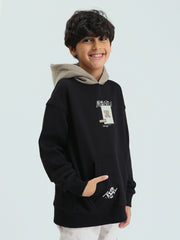 Sweat à capuche garçon bicolore, avec poche kangourou & imprimé – SWS25WHNK26273TB1