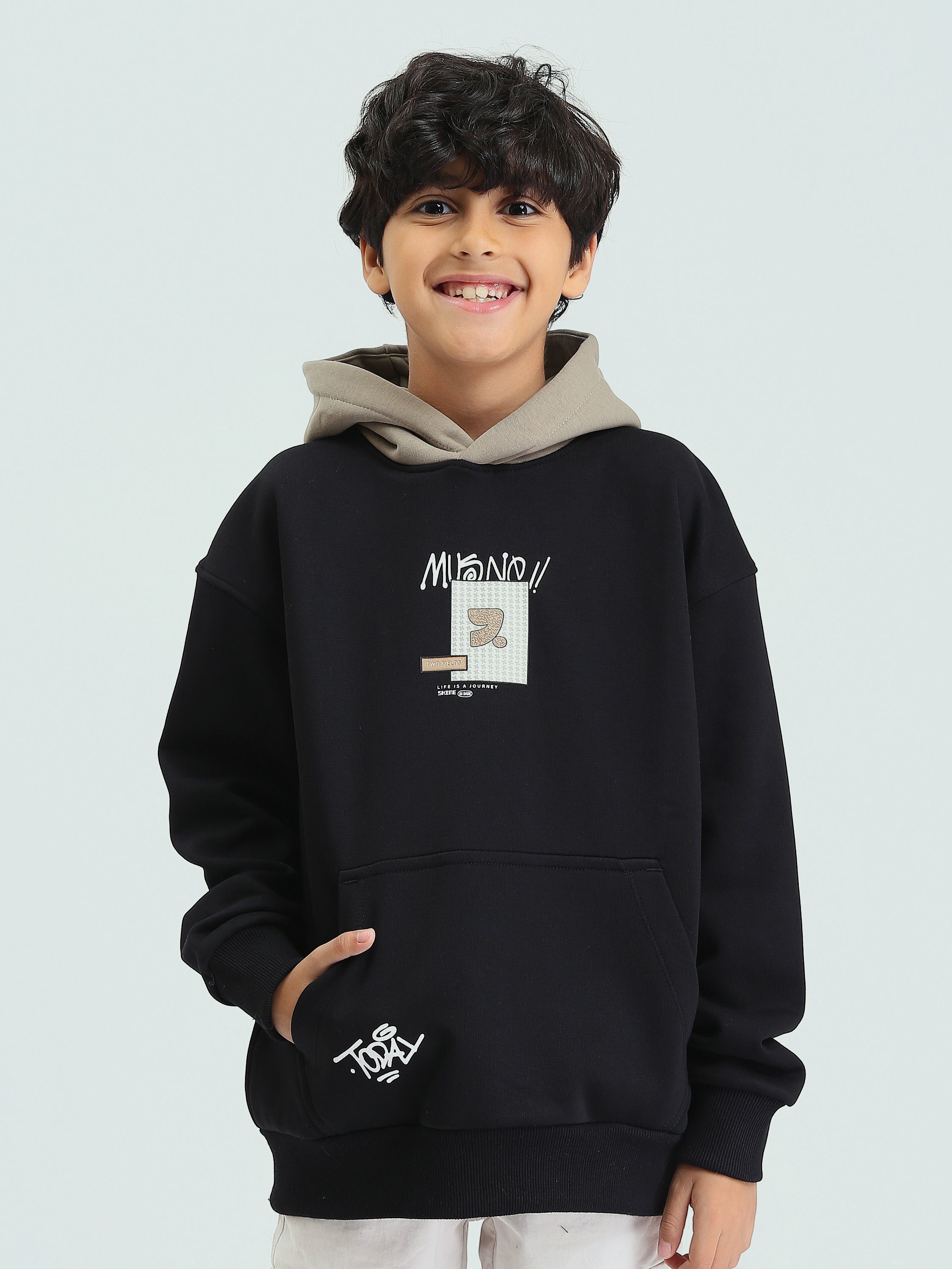 Sweat à capuche garçon bicolore, avec poche kangourou & imprimé – SWS25WHNK26273TB1