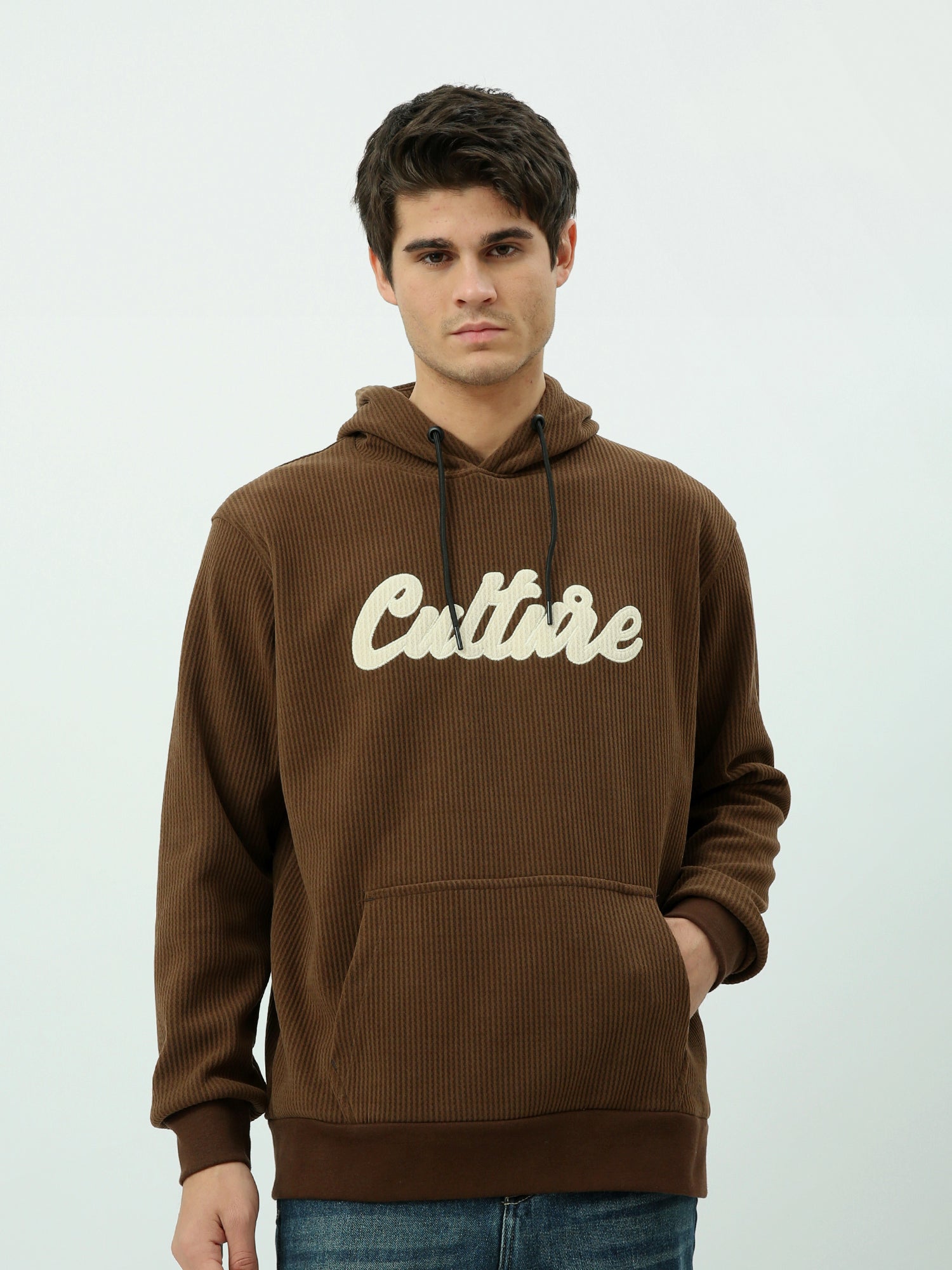 Sweat à capuche homme côtelé avec broderie – Style casual urbain - SWS25WHNK26294TM1