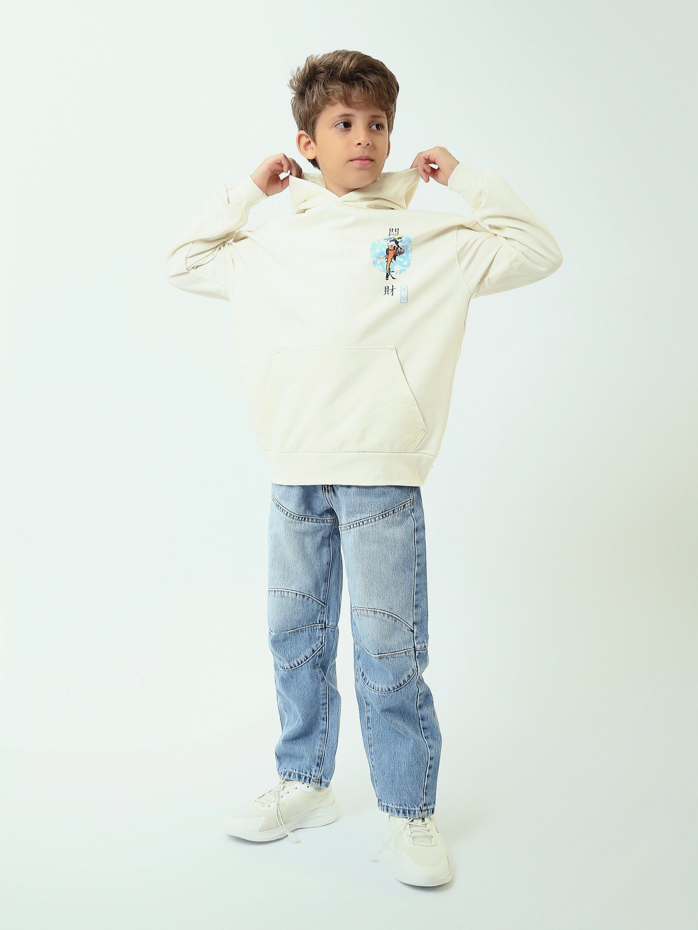 Sweat à capuche garçon, imprimé Naruto – Écru (devant & dos) - SWS25WHNK31503TB1