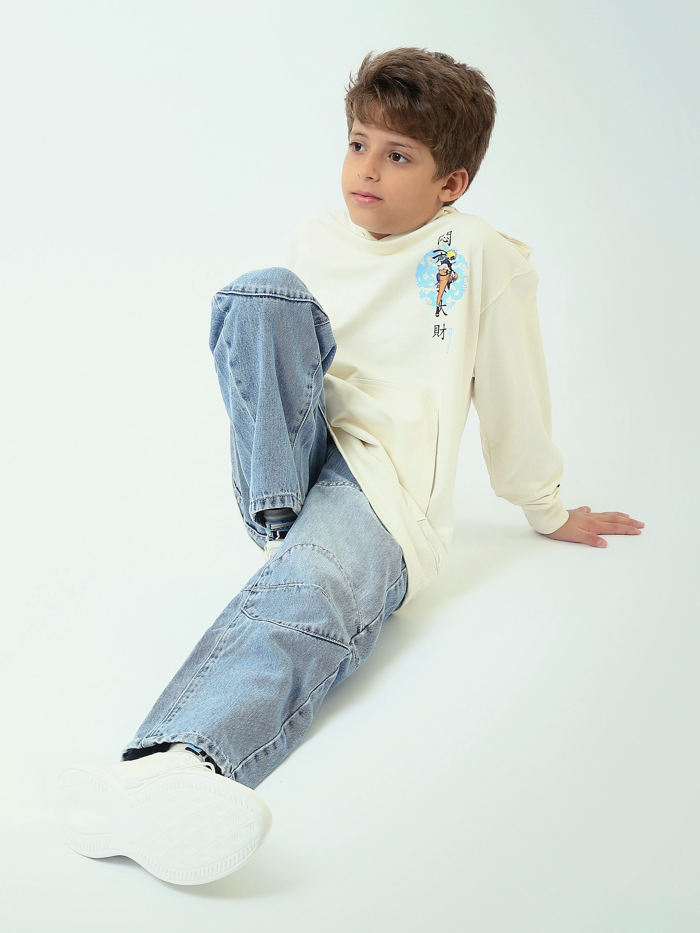 Sweat à capuche garçon, imprimé Naruto – Écru (devant & dos) - SWS25WHNK31503TB1