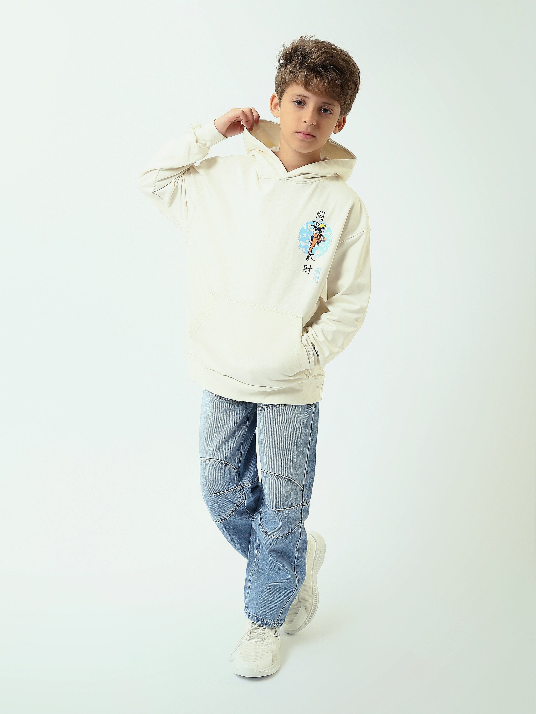 Sweat à capuche garçon, imprimé Naruto – Écru (devant & dos) - SWS25WHNK31503TB1