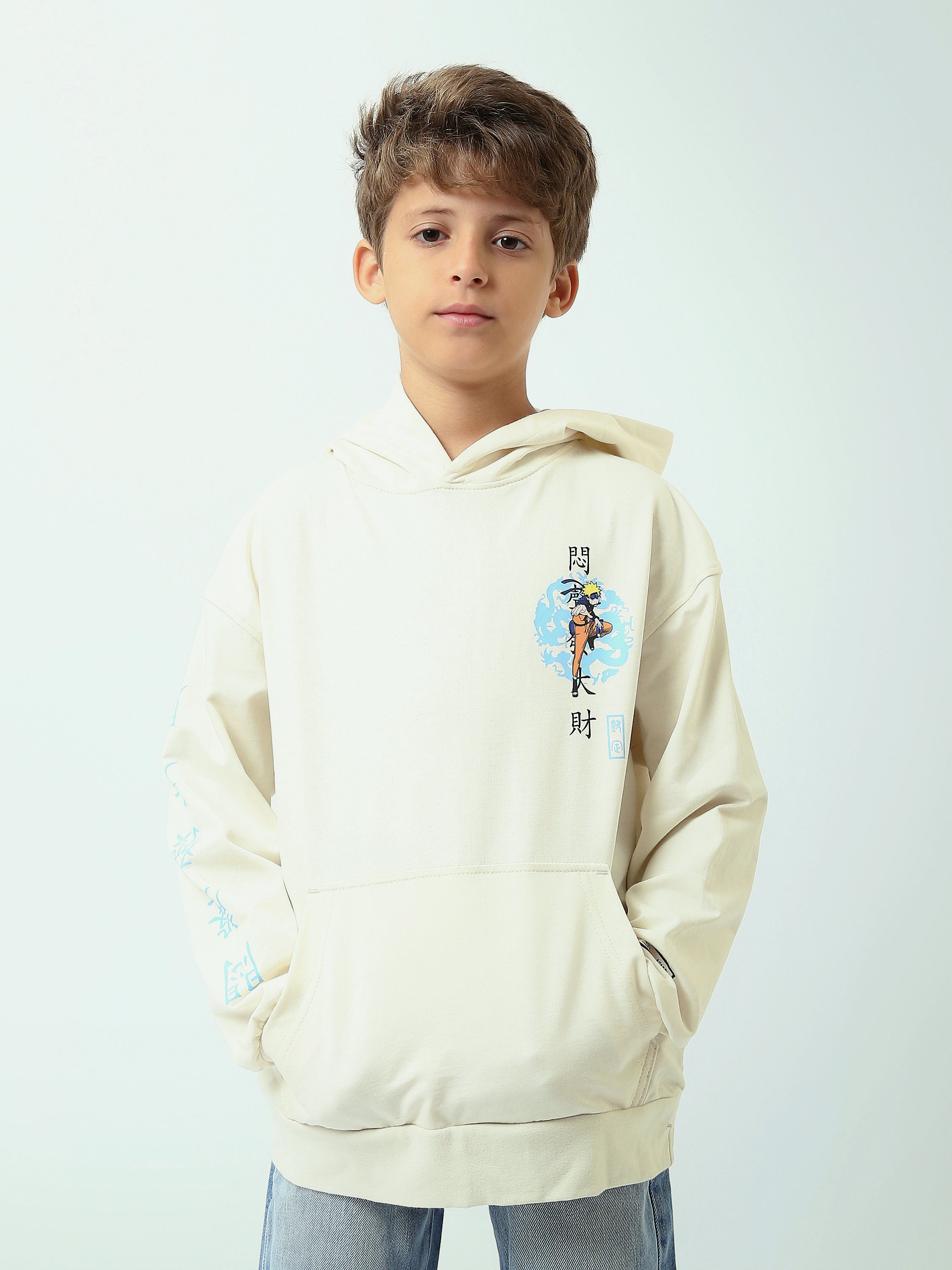 Sweat à capuche garçon, imprimé Naruto – Écru (devant & dos) - SWS25WHNK31503TB1