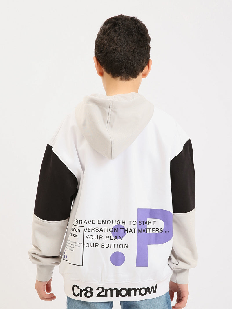 Sweat à capuche zippé garçon ado, bicolore blanc avec manches contrastées, poches et badges - SWS25WHNK76025MJ1