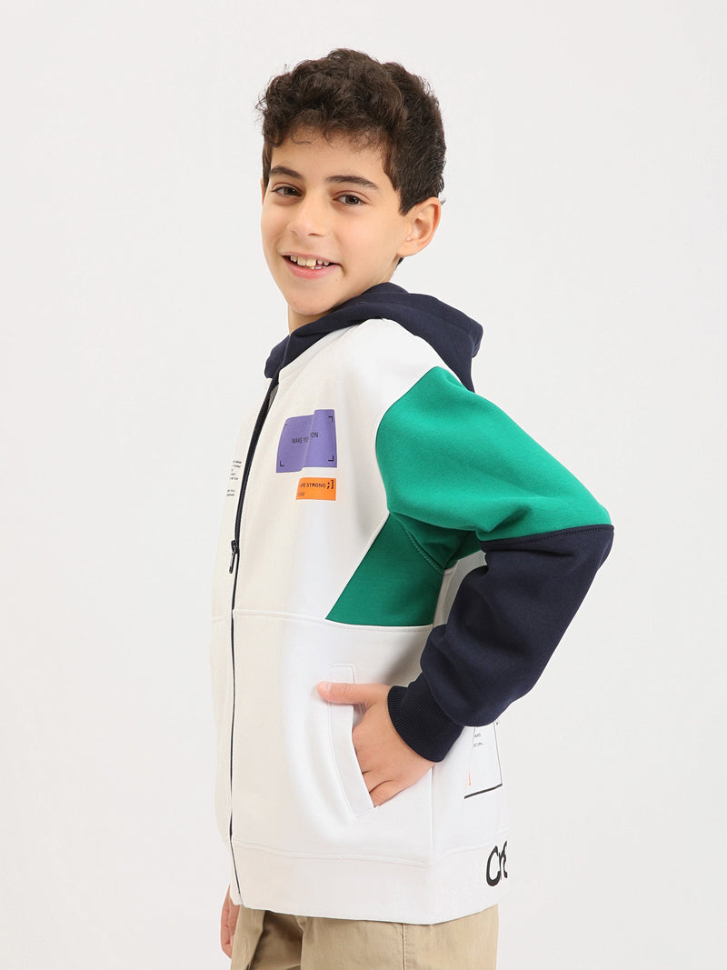 Sweat à capuche zippé garçon ado, bicolore blanc avec manches contrastées, poches et badges - SWS25WHNK76025MJ1