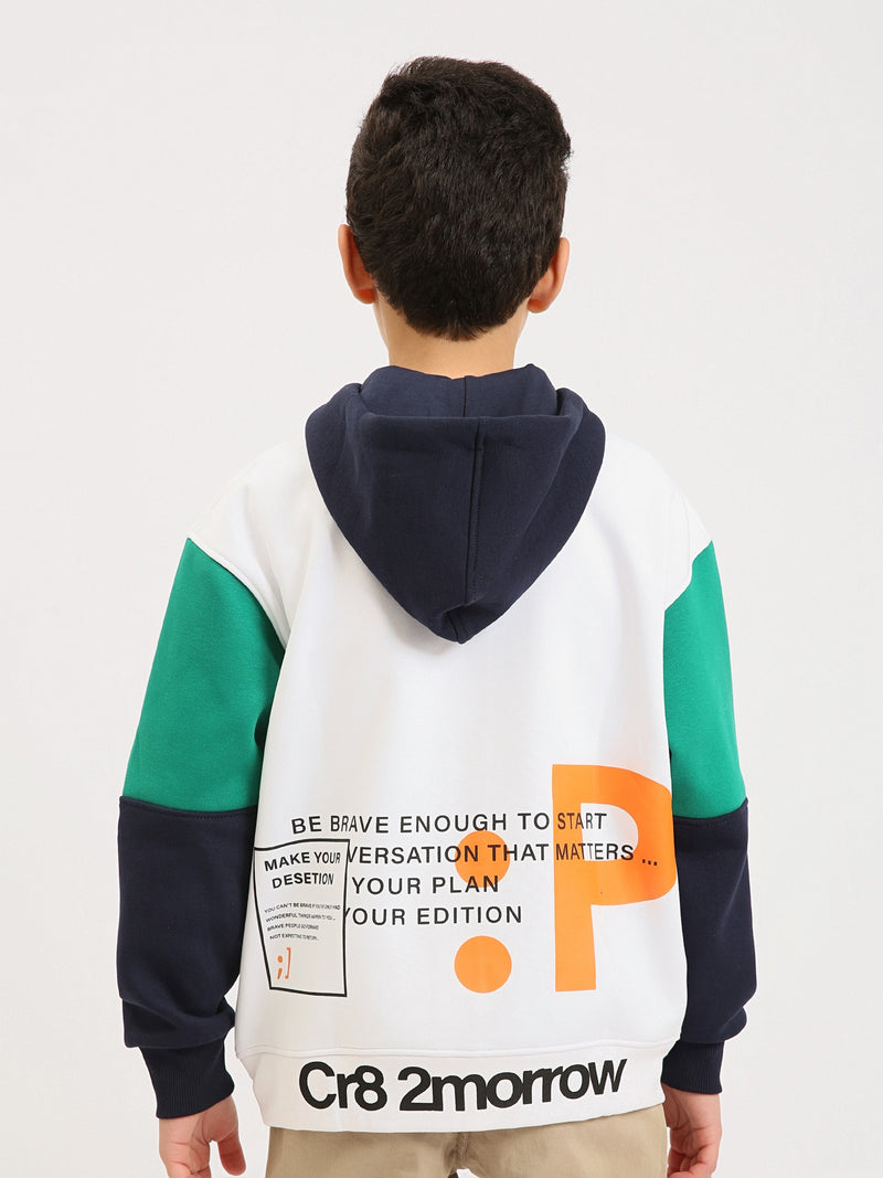 Sweat à capuche zippé garçon ado, bicolore blanc avec manches contrastées, poches et badges - SWS25WHNK76025MJ1