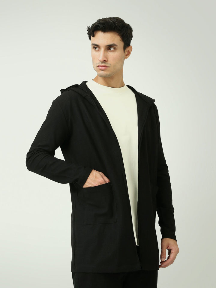 Cardigan Long Homme Noir à Capuche et Poches – Style Casual - SWS25WHPS26176TM1