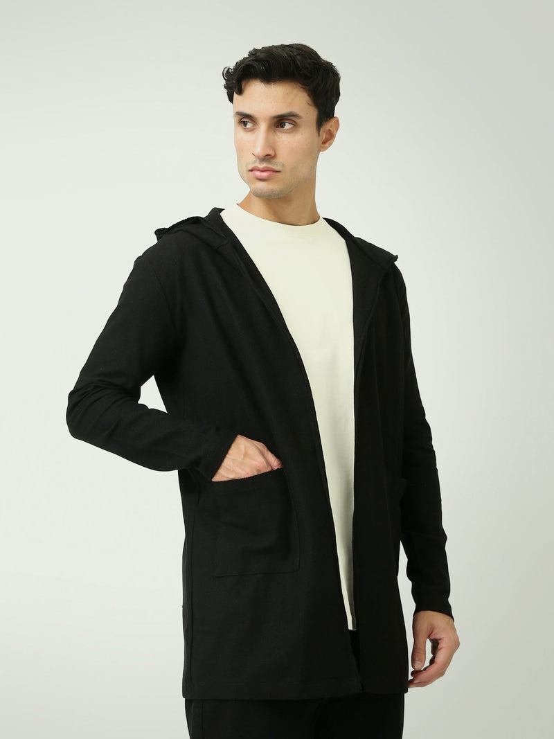 Cardigan Long Homme Noir à Capuche et Poches – Style Casual - SWS25WHPS26176TM1