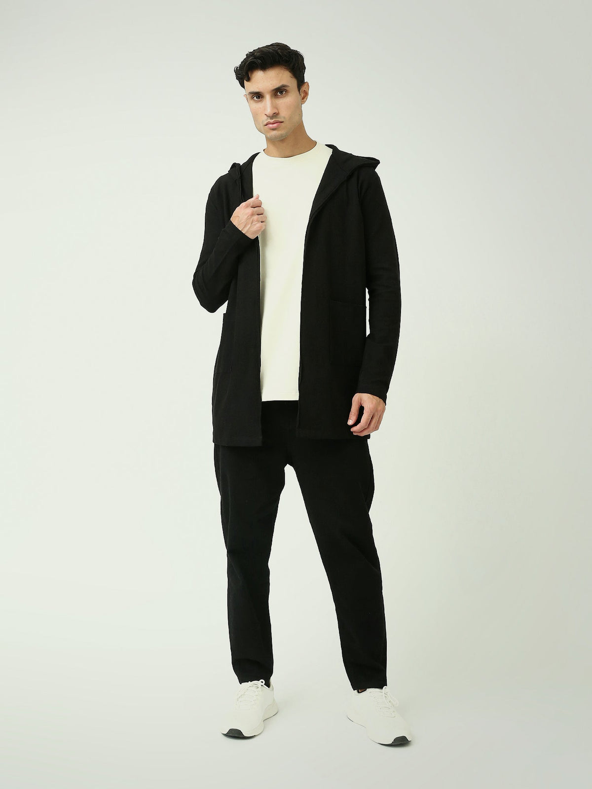 Cardigan Long Homme Noir à Capuche et Poches – Style Casual - SWS25WHPS26176TM1