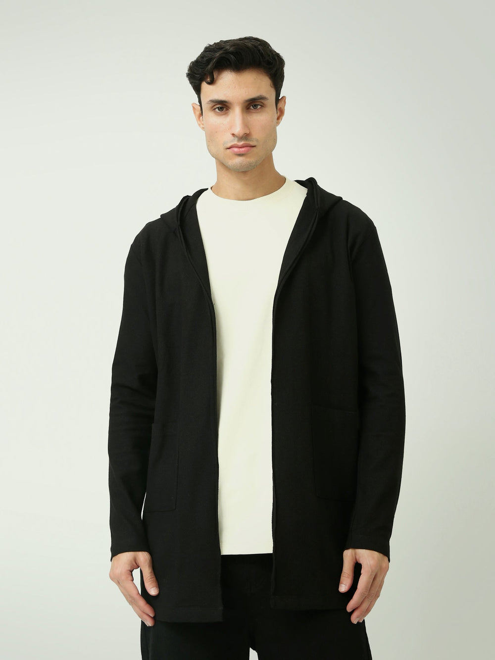 Cardigan Long Homme Noir à Capuche et Poches – Style Casual - SWS25WHPS26176TM1