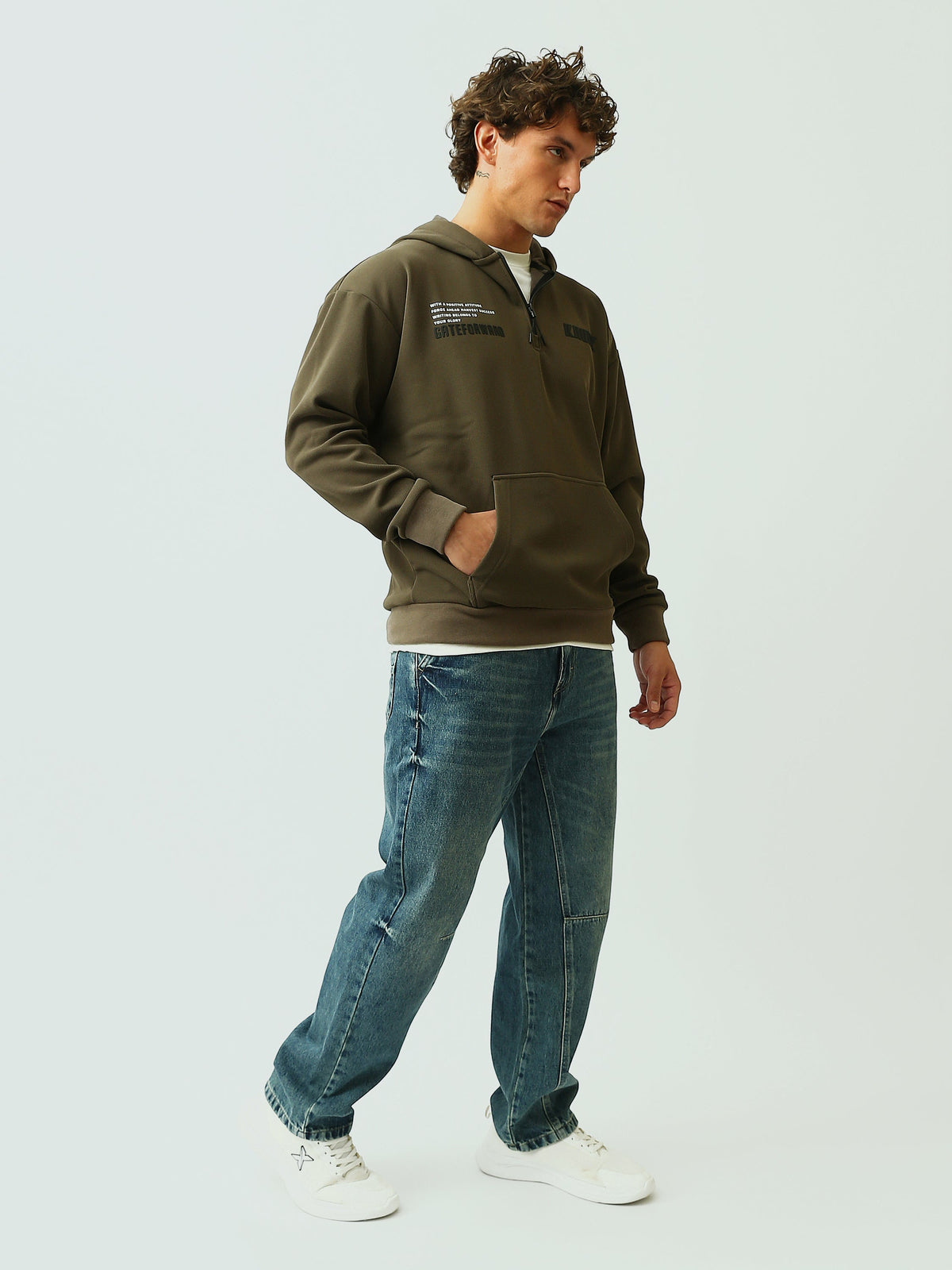 Sweat à Capuche Homme Oversize à Col Zippé et Imprimé Graphique - SWS26WHNK26439TM1