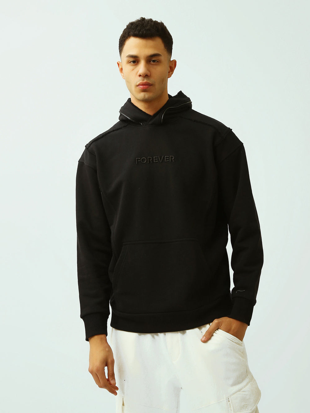 Sweat à Capuche Homme Noir Oversize avec Broderie Forever - SWS26WHNK26461TM1