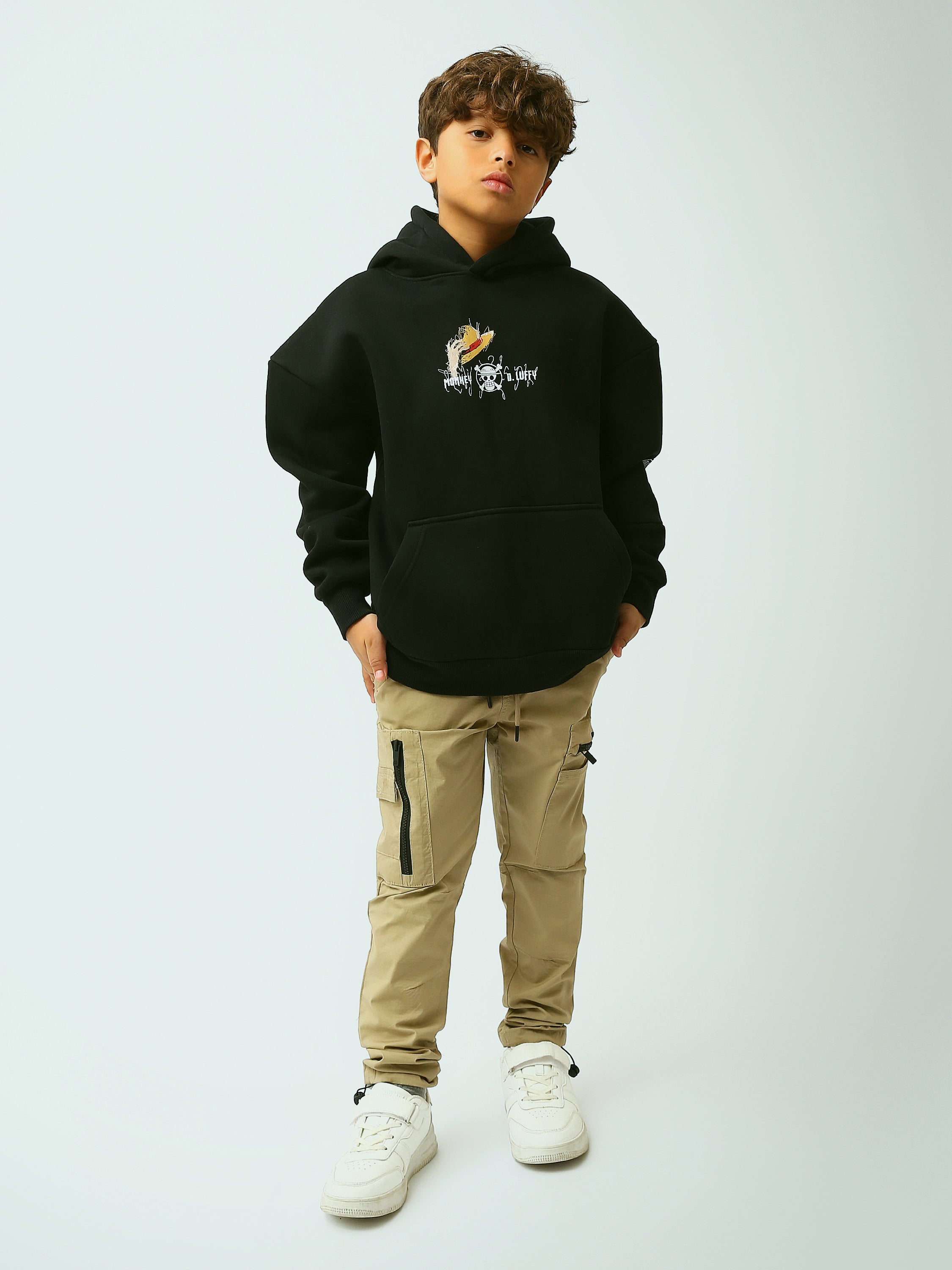 Sweat à capuche garçon noir, imprimé cartoon, style streetwear avec poche kangourou - SWS26WHNK31615TB1