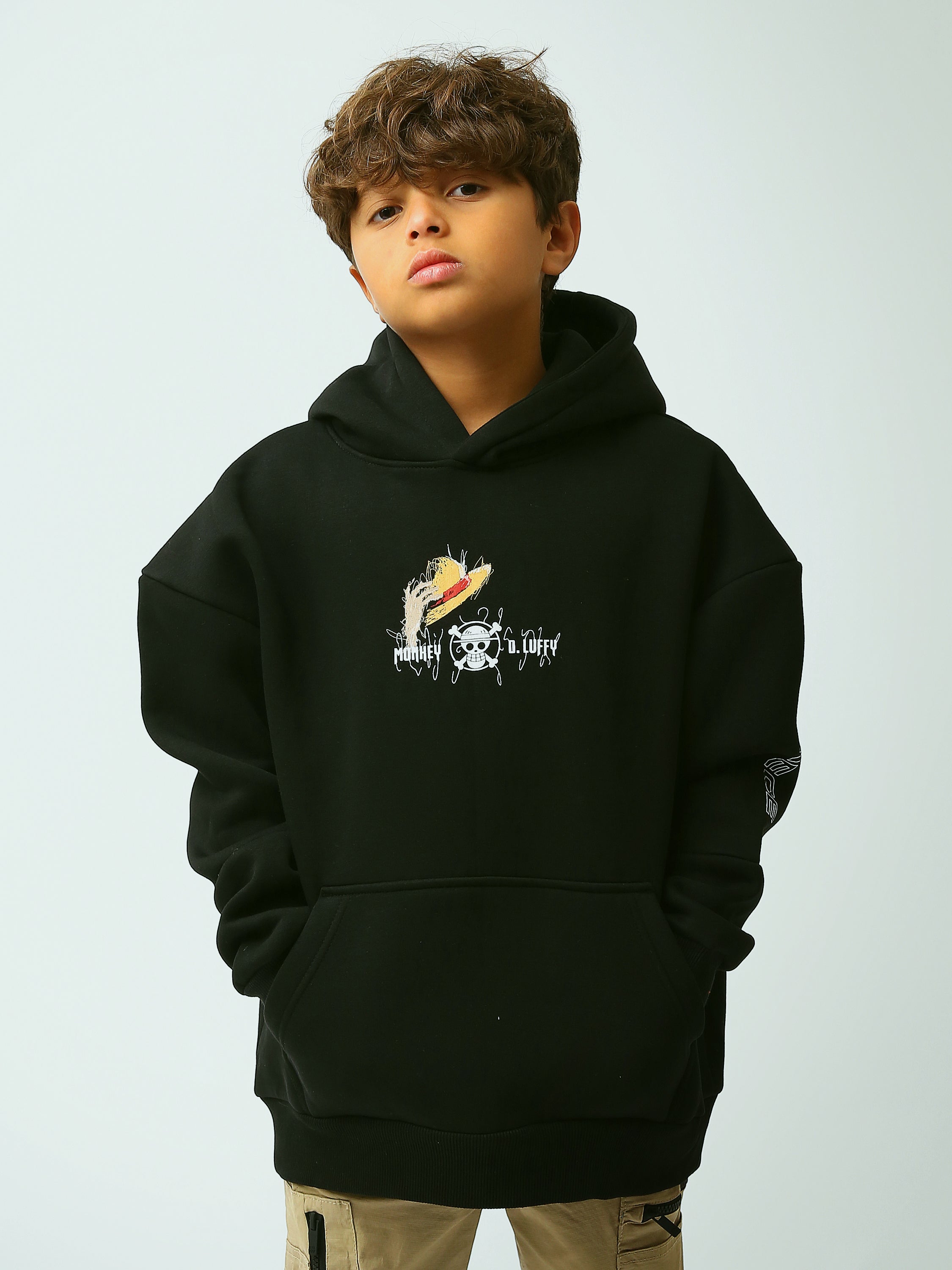 Sweat à capuche garçon noir, imprimé cartoon, style streetwear avec poche kangourou - SWS26WHNK31615TB1