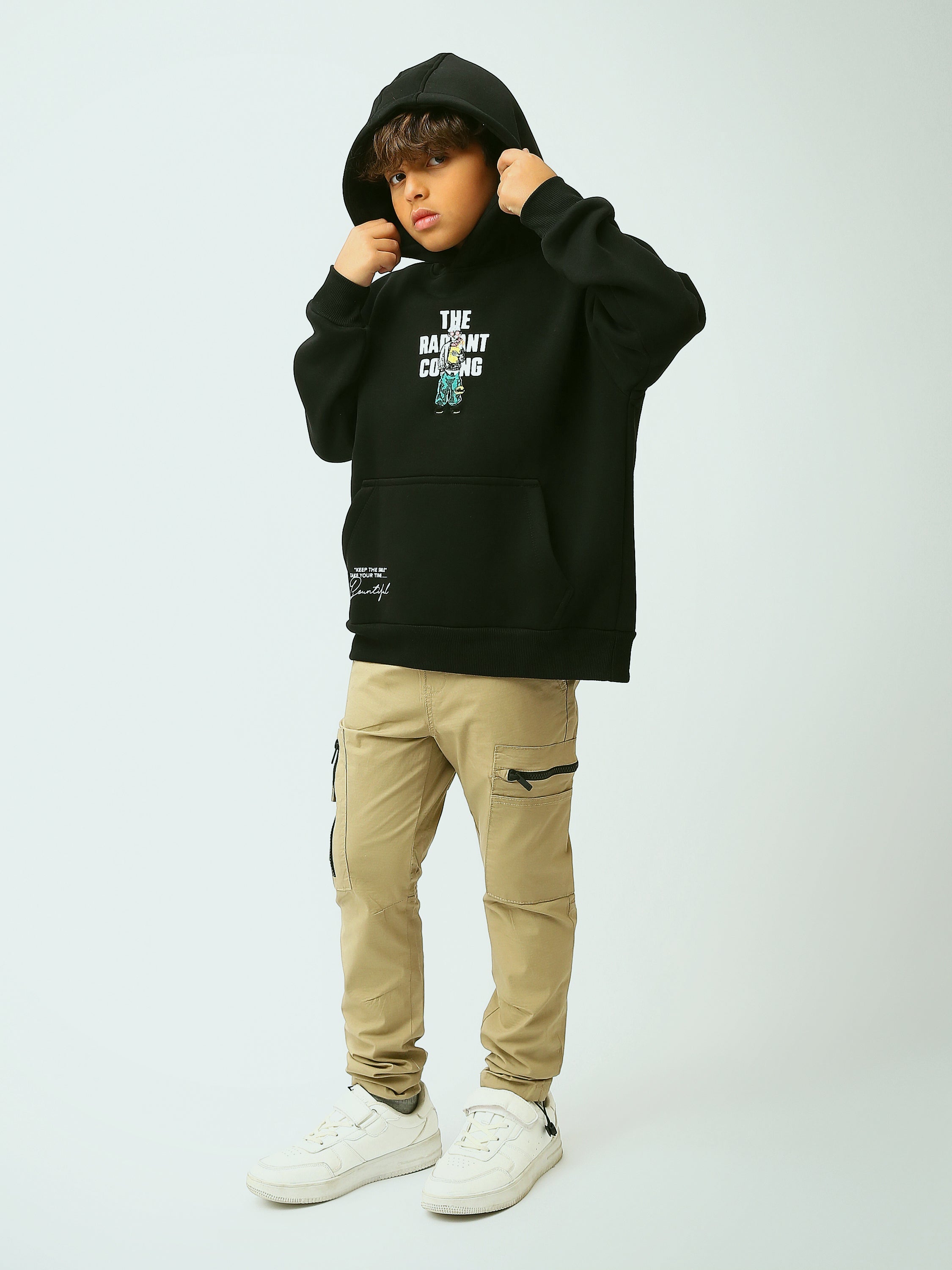 Sweat à capuche garçon noir avec imprimé, style streetwear et poche kangourou - SWS26WHNK31625TB1