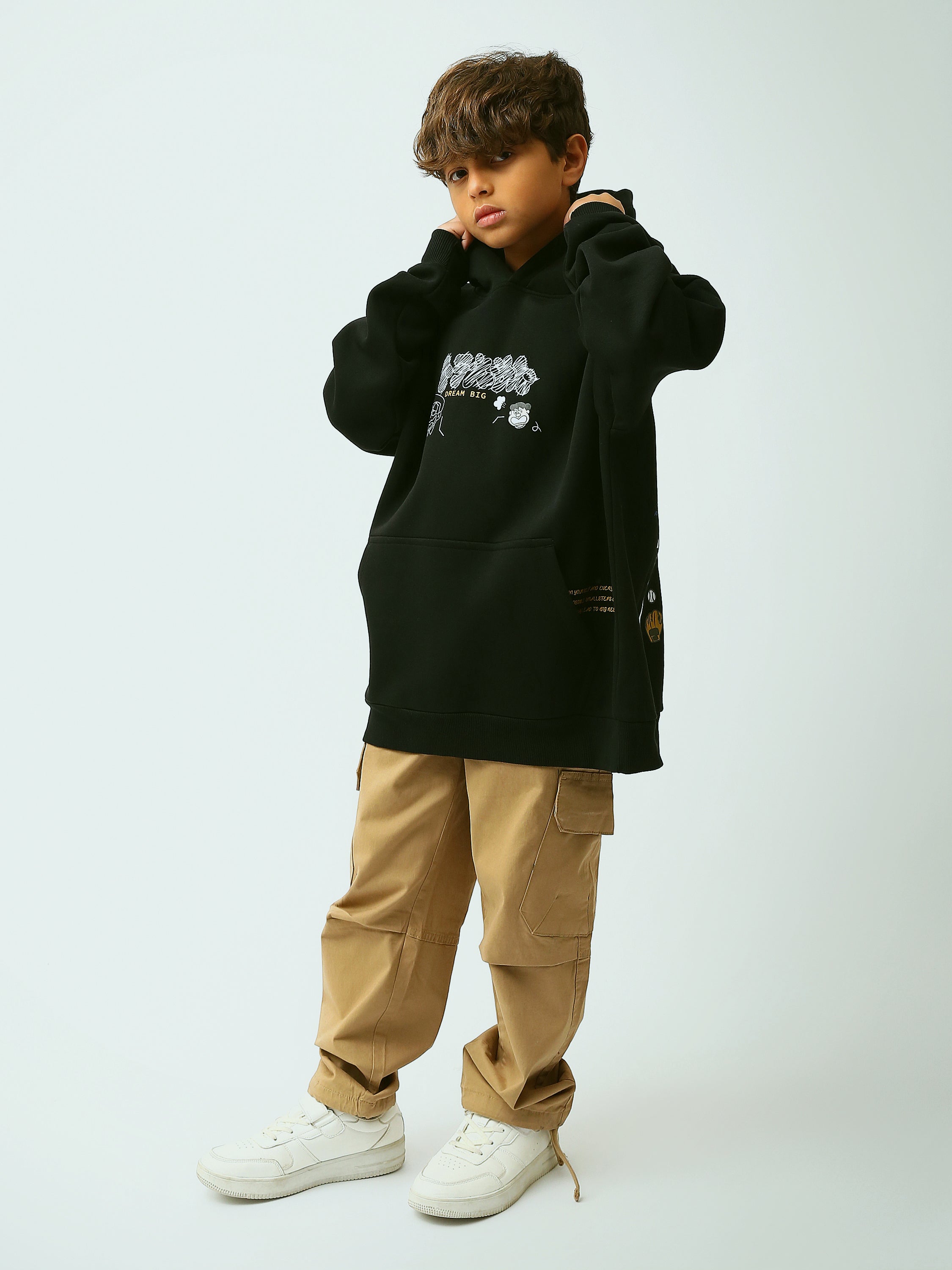 Sweat à capuche garçon noir, imprimé doodle Dream Big, coupe confortable avec poche kangourou - SWS26WHNK31631TB1