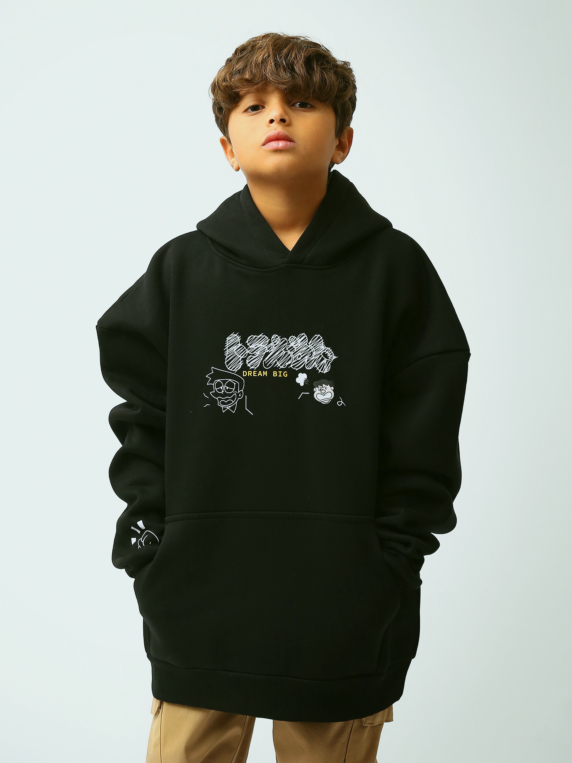 Sweat à capuche garçon noir, imprimé doodle Dream Big, coupe confortable avec poche kangourou - SWS26WHNK31631TB1