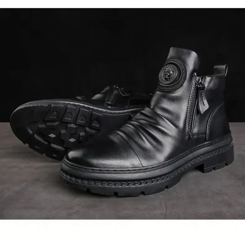 Bottes Homme Mode – Bottines Moto en Cuir, Bottes Hiver Chaudes et Confortables avec Plateforme - Justyol