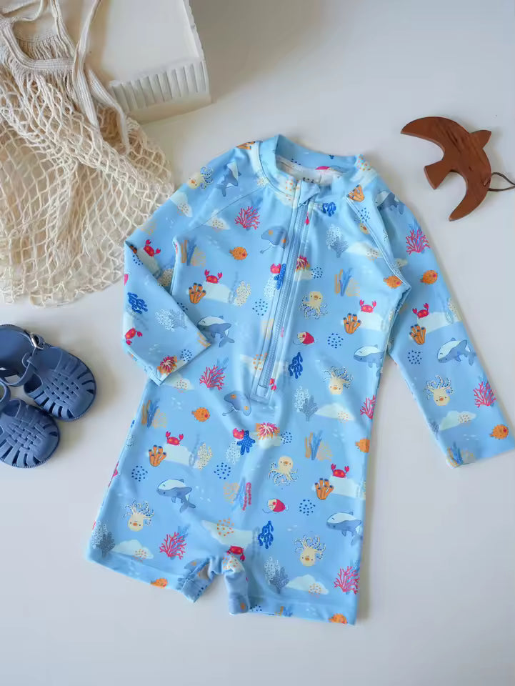 Maillot de Bain Garçon 1 Pièce – Manches Courtes avec Fermeture Zippée