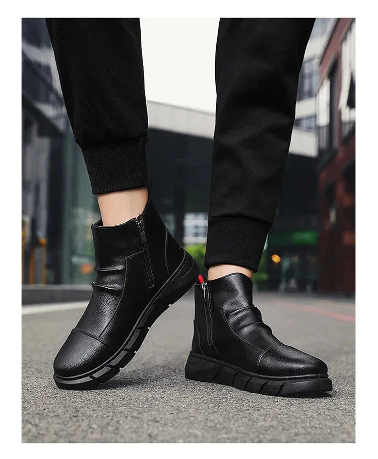 Bottes Homme Noires – Bottines en Cuir Mode, Chaussures à Plateforme et à Fermeture Éclair, Bottes Moto Confortables
