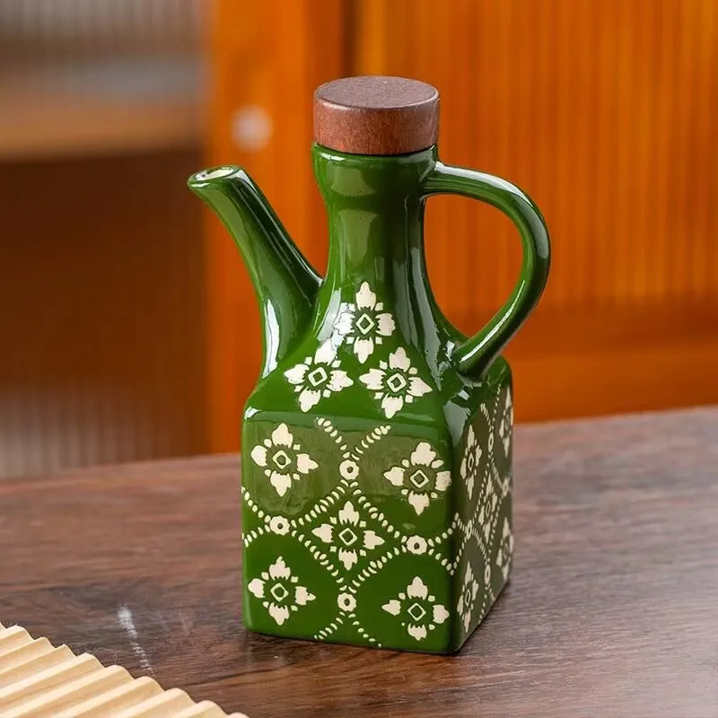 Underglaze Ceramic Oil Pot with Wooden Lid – Blue Flower Design | For Oil, Vinegar, Soy Sauce & Seasonings MU Group