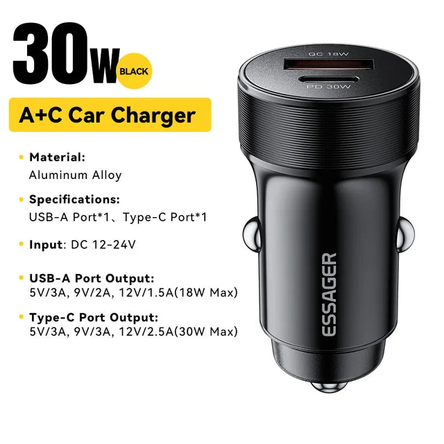 Essager Chargeur Voiture 30W USB-C PD & QC 3.0 Charge Rapide Maroc