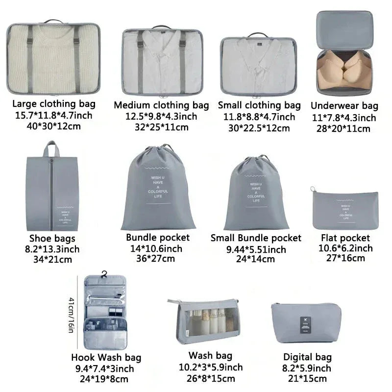 Ensemble de 11pcs Organisateurs de Voyage – Sacs de Rangement pour Vêtements, Articles de Toilette, Chaussures, et Accessoires - Justyol