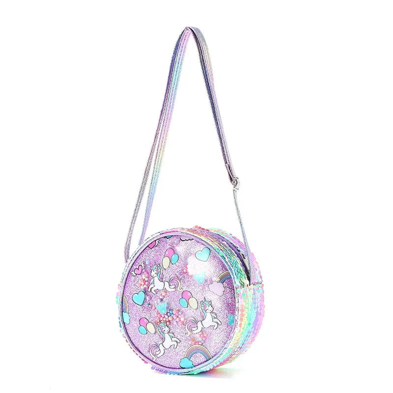 Kids Accessories Summer Lovely Kids Girls Sequin Crossbody Bag 3 Colors Cartoon Printed Round Shoulder Bag with Adjustable Strap MU Group
