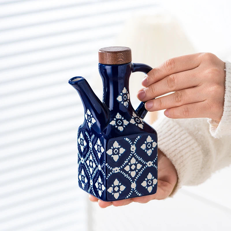 Underglaze Ceramic Oil Pot with Wooden Lid – Blue Flower Design | For Oil, Vinegar, Soy Sauce & Seasonings MU Group