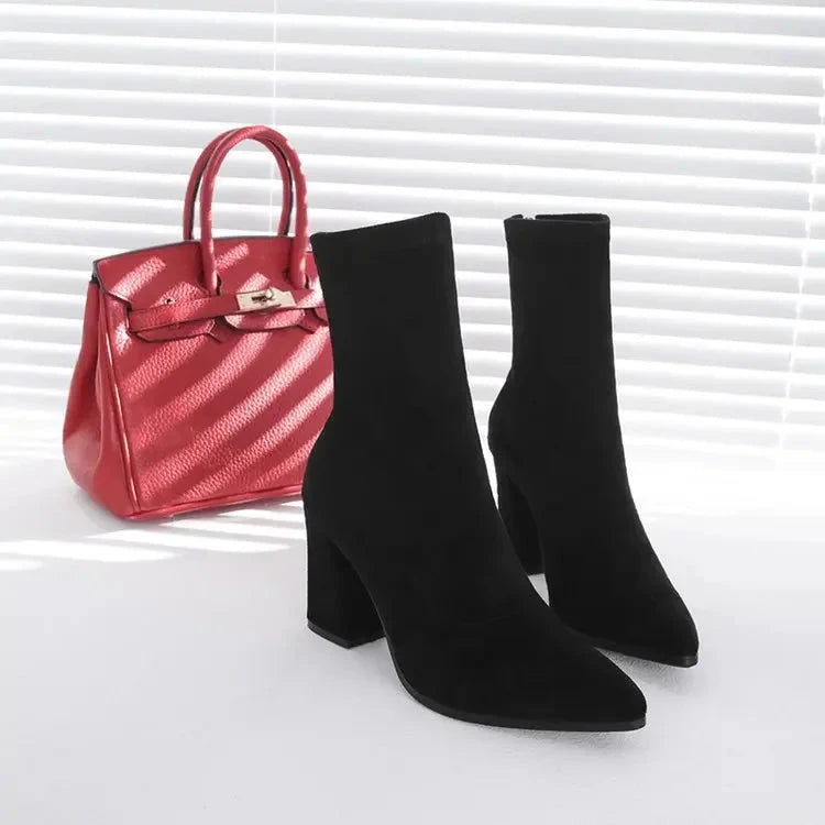 Bottes Chelsea Femme à Talon Haut – Bottines Suède avec Pointe Pointue, Talon Carré et Fermeture Éclair pour l’Automne/Hiver