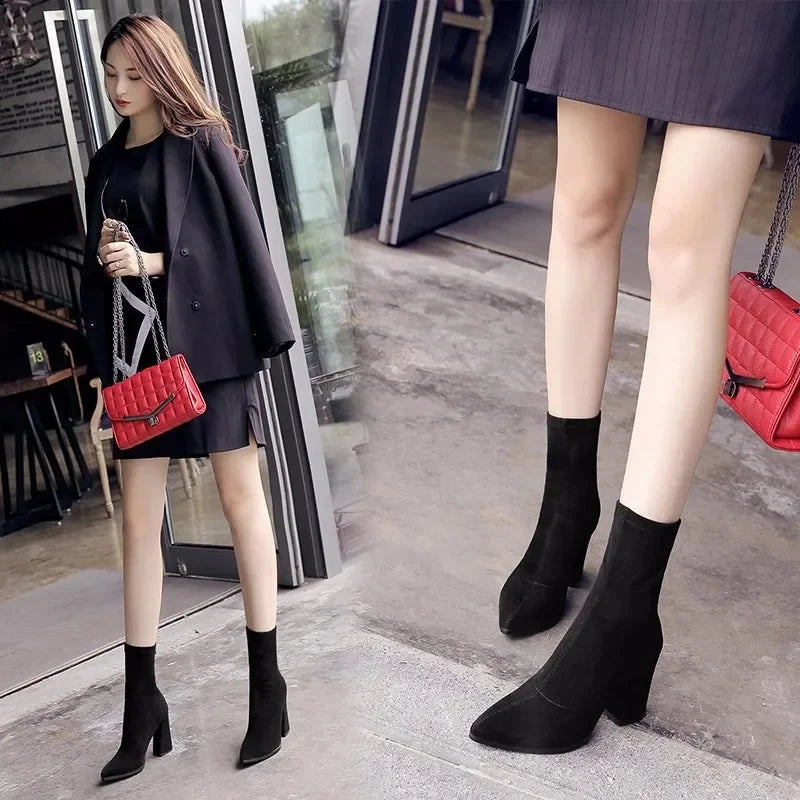 Ankle Chunky High Heel Sock Chelsea Boots Women Autumn Fashion Pointed Frosted Suede Short Boots Female Pumps Sexy Warm Boots MU Group