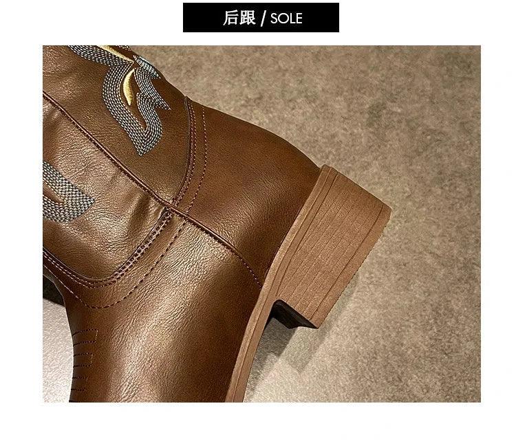 Bottes Femme Casual Modernes avec Broderie Élégante – Talon Large et Moyenne Hauteur