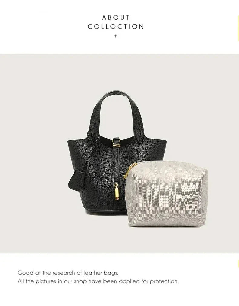 Sac à Main Femme en Forme de Seau – Sac Picotin avec Motif Lychee, Sac à Bandoulière Tendance