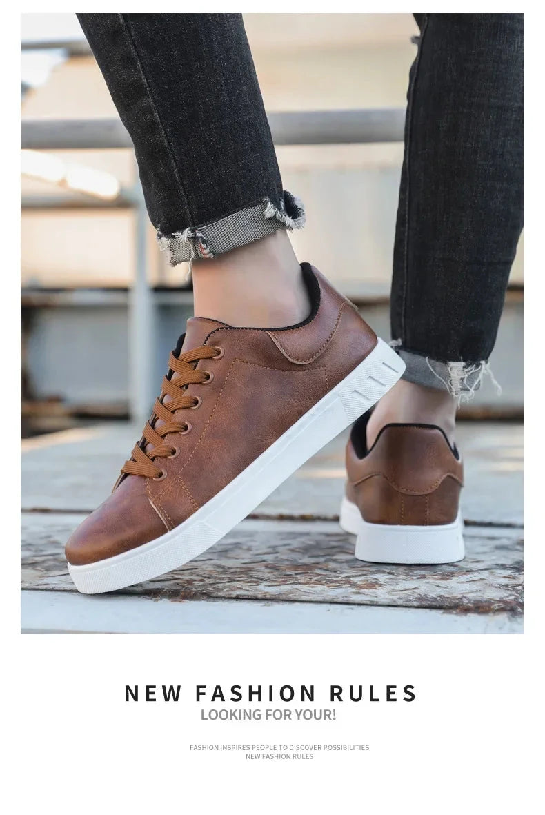 Classic Men Leather Shoes Thick-soled Casual Sneakers Trendy Lace-up Walking Shoes Spring Anti-slip Comfortable Vulcanized Shoes MU Group