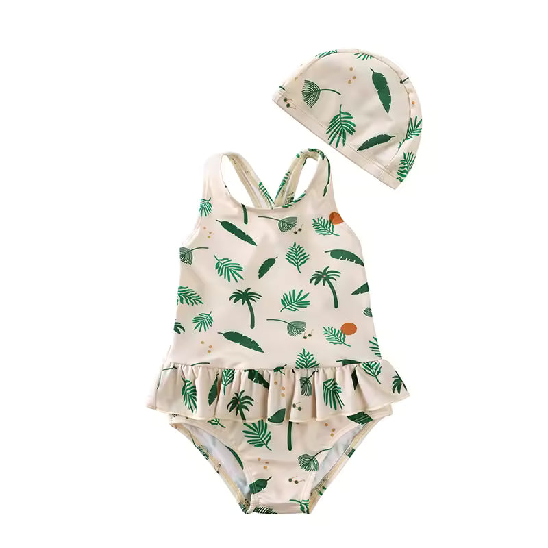 Maillot de Bain Fille 1 Pièce avec Bonnet – Bretelles & Volants