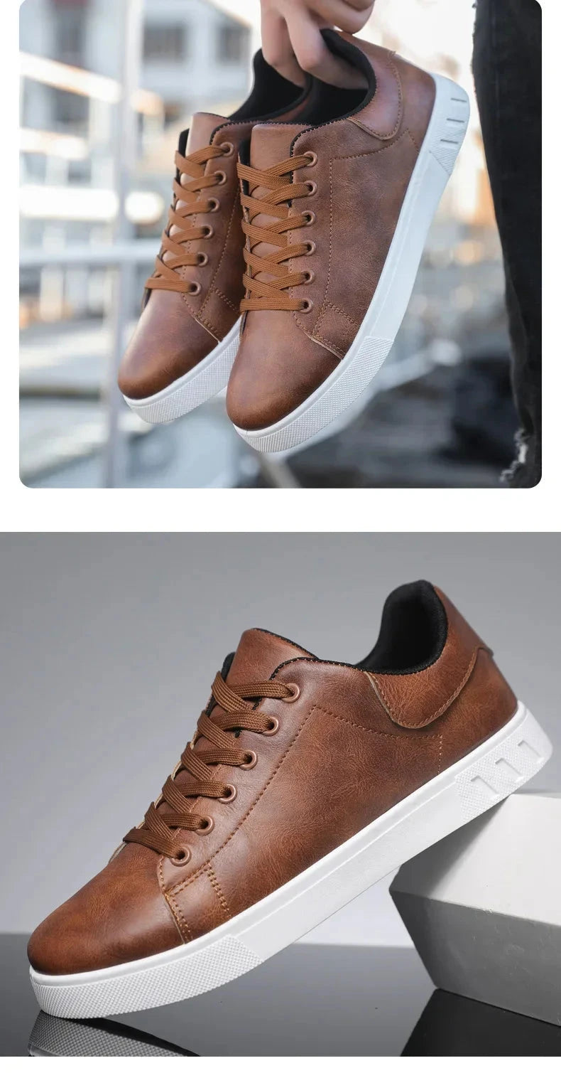 Classic Men Leather Shoes Thick-soled Casual Sneakers Trendy Lace-up Walking Shoes Spring Anti-slip Comfortable Vulcanized Shoes MU Group
