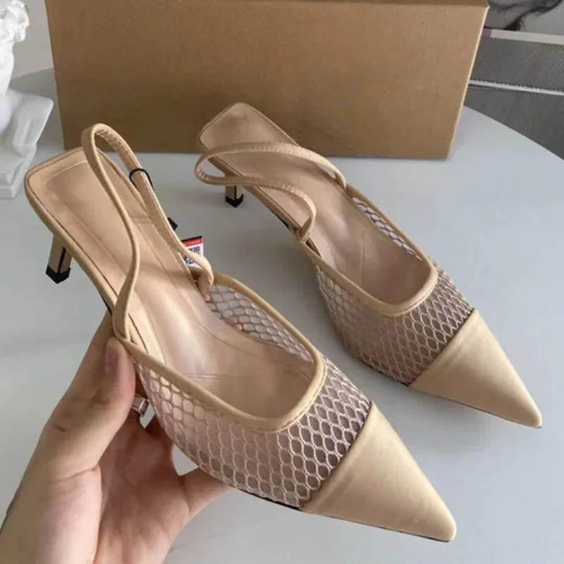 2024 Women High Heeled Sandals Summer Pointed Toe Female Footwear Breathable Mesh Slingback Nude Elegant Party Office Lady Shoes