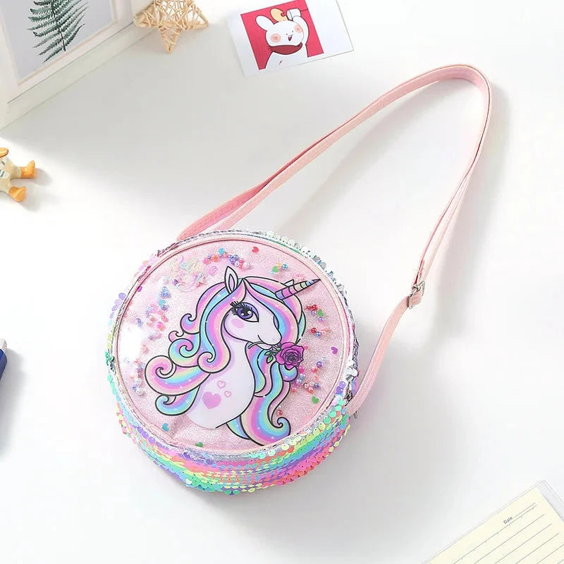 Kids Accessories Summer Lovely Kids Girls Sequin Crossbody Bag 3 Colors Cartoon Printed Round Shoulder Bag with Adjustable Strap MU Group