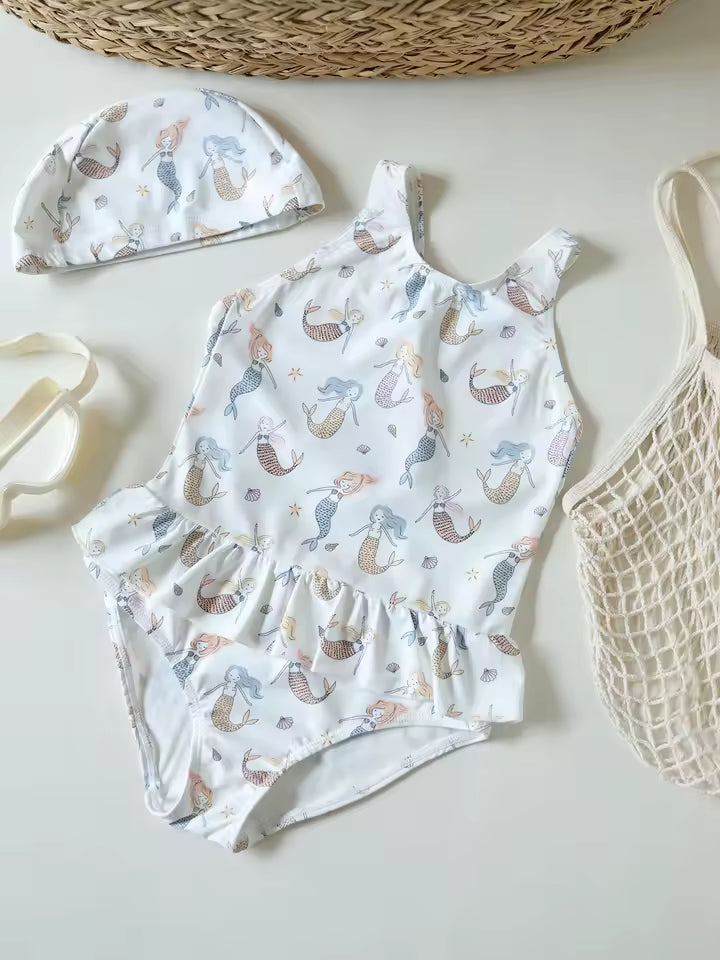 Maillot de Bain Fille 1 Pièce avec Bonnet – Bretelles & Volants