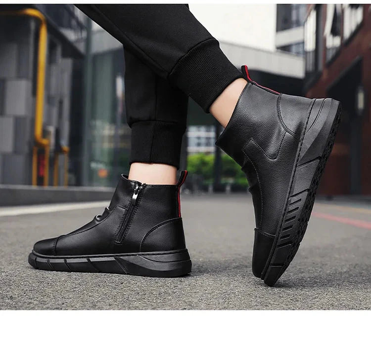Black Boots for Men Fashion Leather Shoes Platform Ankle Boots Outdoor Comfortable Soft Men Motorcycle Booties Botas Hombre Piel MU Group